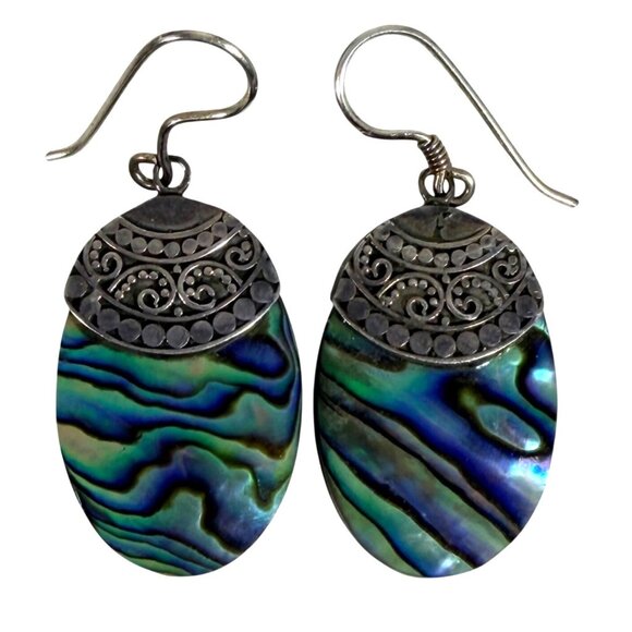 Bali Design Abalone Shell Dangle Earrings Sterling Silver 925 Oval - Picture 3 of 6